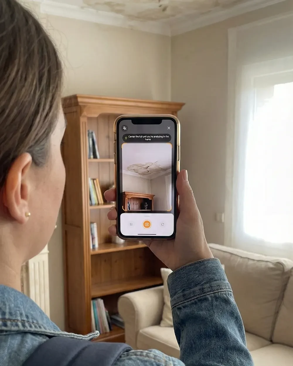 Using House Inspector to photograph ceiling damage during a property viewing