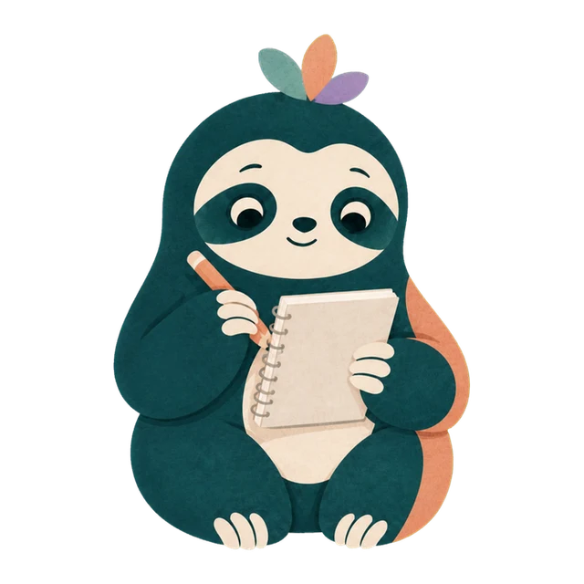 Let It Out’s sloth mascot writing in a notebook